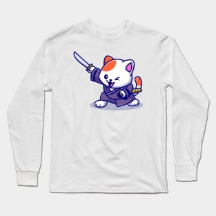 Cute Cat Samurai With Sword Cartoon Long Sleeve T-Shirt